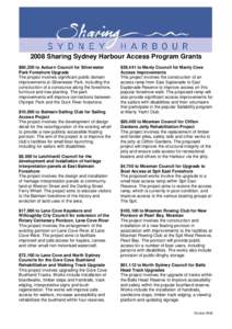 2008 Sharing Sydney Harbour Access Program Grants $80,250 to Auburn Council for Silverwater Park Foreshore Upgrade The project involves significant public domain improvements at Silverwater Park, including the constructi