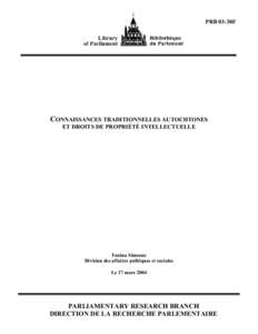 PRB 03-38F  CONNAISSANCES TRADITIONNELLES AUTOCHTONES ET DROITS DE PROPRIÉTÉ INTELLECTUELLE  Tonina Simeone