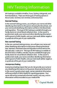 HIV Testing Information HIV testing is available in Halifax, Truro, Sydney, Antigonish, and Port Hawkesbury. There are three types of testing options in Nova Scotia: nominal, non-nominal, and anonymous. Nominal Testing I