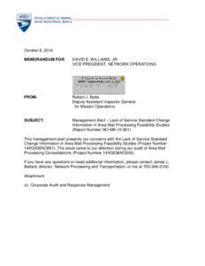 October 6, 2014 MEMORANDUM FOR: DAVID E. WILLIAMS, JR. VICE PRESIDENT, NETWORK OPERATIONS