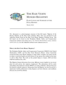 THE BAIE VERTE MINERS REGISTRY PLAIN-LANGUAGE SUMMARY OF THE FINAL REPORT March 2013