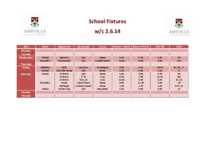 School Fixtures w/c[removed]Day Monday Tuesday Wednesday