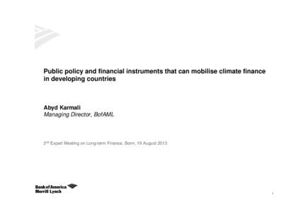 Public policy and financial instruments that can mobilise climate finance in developing countries Abyd Karmali Managing Director, BofAML