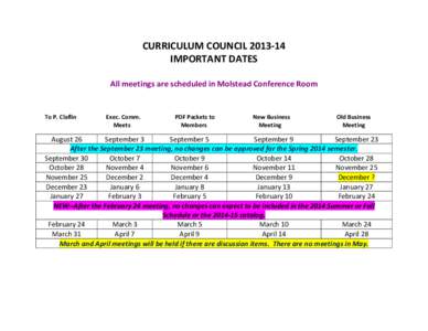 CURRICULUM COUNCIL[removed]IMPORTANT DATES All meetings are scheduled in Molstead Conference Room To P. Claflin