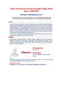 H Index Communication Journals according to Google Scholar Metrics[removed]Rafael Repiso* y Emilio Delgado-López-Cózar** * EC3: Evaluación de la Ciencia y de la Comunicación Científica & EC3metrics, Universidad 