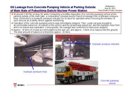 Oil Leakage from Concrete Pumping Vehicle at Parking Outside of Main Gate of Fukushima Daiichi Nuclear Power Station <Reference> May 29, 2013 Tokyo Electric Power Company