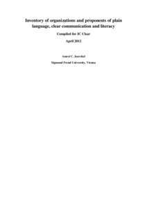 Inventory of organizations and proponents of plain language, clear communication and literacy Compiled for IC Clear April[removed]Amrei C. Joerchel