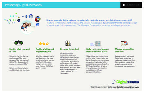 Preserving Digital Memories  How do you make digital pictures, important electronic documents and digital home movies last? You have to make important decisions and actively manage your digital files for them to last lon