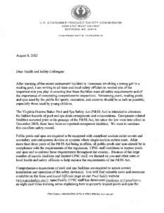 Letter to Health and Safety Officials on VGB and Entrapment Prevention, August 8, 2012