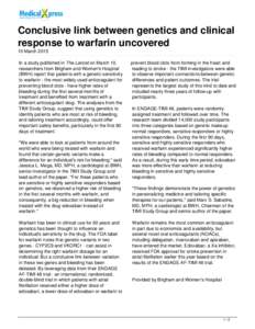 Conclusive link between genetics and clinical response to warfarin uncovered