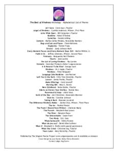 The Best of Kindness Anthology - Alphabetical List of Poems All I have - Carol Ayer, Finalist Angel of Kindness – Cynthia Anderson, Winner, First Place Arms Wide Open – Bill Carpenter, Finalist Bedtime – Helen D’