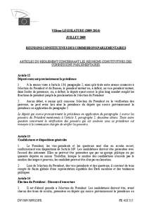 VIIème LEGISLATURE[removed]JUILLET 2009 REUNIONS CONSTITUTIVES DES COMMISSIONS PARLEMENTAIRES ARTICLES DU RÈGLEMENT CONCERNANT LES RÉUNIONS CONSTITUTIVES DES COMMISSIONS PARLEMENTAIRES