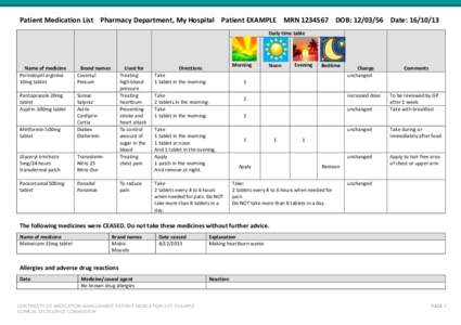 Patient Medication List Pharmacy Department, My Hospital Patient EXAMPLE MRN[removed]DOB: [removed]Date: [removed]Daily time table Name of medicine Perindopril arginine 10mg tablet