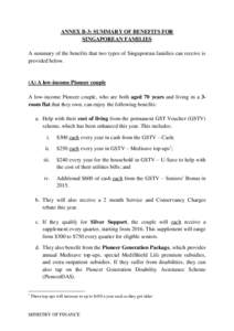 ANNEX B-3: SUMMARY OF BENEFITS FOR SINGAPOREAN FAMILIES A summary of the benefits that two types of Singaporean families can receive is provided below.  (A) A low-income Pioneer couple