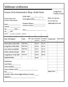 Stillman Uniforms Grasso Tech Automotive Shop Order form 49 High Street Westerly, RI 02891