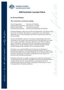 2009 Australian Laureate Fellow Dr Bernard Balleine The neural bases of decision-making