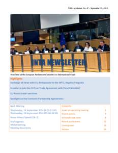 VIII Legislature No[removed]September 22, 2014  Newsletter of the European Parliament Committee on International Trade Highlights Exchange of views with EU Ambassador to the WTO, Angelos Pangratis