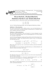 Institut f¨ ur Systemtheorie u. Regelungstechnik Universit¨at Stuttgart Prof. Dr.-Ing. F. Allg¨ower