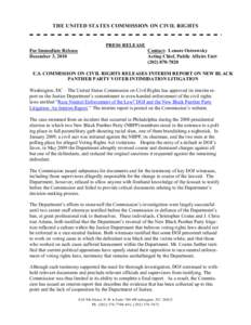 THE UNITED STATES COMMISSION ON CIVIL RIGHTS  PRESS RELEASE For Immediate Release December 3, 2010