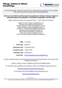 Allergy, Asthma & Clinical Immunology This Provisional PDF corresponds to the article as it appeared upon acceptance. Fully formatted PDF and full text (HTML) versions will be made available soon.  Infant gut microbiota 