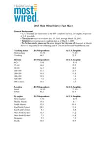 2013 Most Wired Survey Fact Sheet General Background • 1,713 hospitals are represented in the 659 completed surveys, or roughly 30 percent of U.S. hospitals. • The online survey was available Jan. 15, 2013, through M
