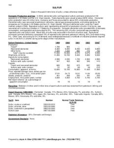 162  SULFUR (Data in thousand metric tons of sulfur, unless otherwise noted) Domestic Production and Use: In 2003, elemental sulfur and byproduct sulfuric acid were produced at 120 operations in 30 States and the U.S. Vi