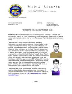 MEDIA  RELEASE STATE OF TENNESSEE TENNESSEE BUREAU OF INVESTIGATION