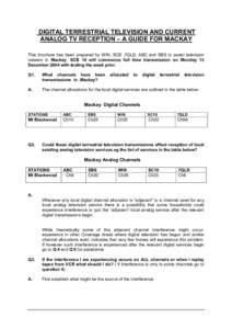 DIGITAL TERRESTRIAL TELEVISION AND CURRENT ANALOG TV RECEPTION – A GUIDE FOR SYDNEY, BRISBANE, MELBOURNE, ADELAIDE AND PERTH