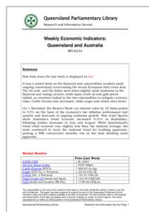 Queensland Parliamentary Library Research and Information Service Weekly Economic Indicators: Queensland and Australia[removed]