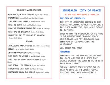 BOOKLETS and BROCHURES: HOW GOOD, HOW PLEASANT By Mrs. Ari D. Hidalgo JERUSALEM  (CITY OF PEACE)