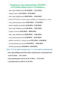 Organizacja roku akademickiegona Wydziale Budownictwa i Architektury: - okres zajęć dydaktycznych2014r. – 23.12.2014r. - wakacje zimowe2014r2015r. - okres zajęć dydaktycznych 08.0