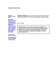 Madagascar: Letter of Intent, Memorandum of Economic and Financial Policies, and Technical Memorandum of Understanding; June 17, 2008