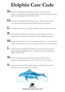 Dolphin Care Code Dolphins are wild animals and should not be fed, as they may become reliant on humans for food and forget their own food finding skills. Also their systems are not designed to deal with our food.  Only 