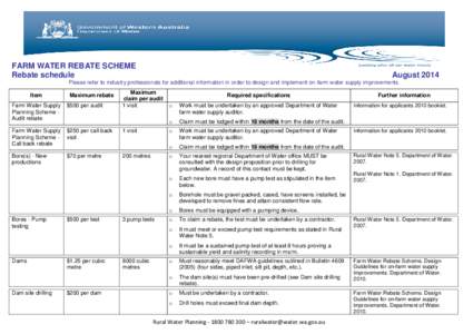 FARM WATER REBATE SCHEME Rebate schedule August[removed]Please refer to industry professionals for additional information in order to design and implement on-farm water supply improvements