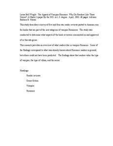Laura Bell Wright. The Appeal of Vampire Romance: Why Do Readers Like These Stories? A Master’s paper for the M.S. in L.S. degree. April, [removed]pages. Advisor: Barbara B. Moran