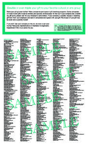 Double or even triple your gift to your favorite cultural or arts group Make your gift go even further! Many companies participate in gift matching programs. Some companies will even match gifts made by retirees and spou