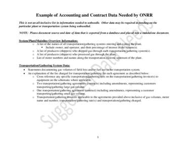 Example of Accounting and Contract Data Needed by ONRR This is not an all-inclusive list in information needed to unbundle. Other data may be required depending on the particular plant or transportation system being unbu
