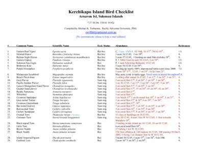 Kerehikapo Island Bird Checklist Arnavon Isl, Solomon Islands39s92e Compiled by Michael K. Tarburton, Pacific Adventist University, PNG. [To communicate: please re-type e-mail address]