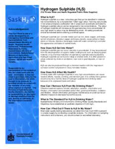 Hydrogen Sulphide (H2S) (For Private Water and Health Regulated Public Water Supplies) What Is H2S?  Acknowledgement: