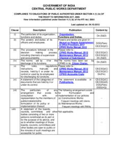 GOVERNMENT OF INDIA CENTRAL PUBLIC WORKS DEPARTMENT COMPLIANCE TO OBLIGATIONS OF PUBLIC AUTHORITIES UNDER SECTION[removed]b) OF THE RIGHT TO INFORMATION ACT, 2005 View information published under Section[removed]b) of the 