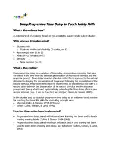 Using Progressive Time Delay to Teach Safety Skills What is the evidence base? A potential level of evidence based on two acceptable quality single subject studies With who was it implemented? Students with