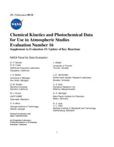 JPL PublicationChemical Kinetics and Photochemical Data for Use in Atmospheric Studies Evaluation Number 16 Supplement to Evaluation 15: Update of Key Reactions