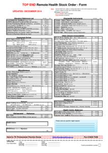 TOP END Remote Health Stock Order - Form Note: - Remote Health Stock subject to change dependant on other DoH procurement variables - All items supplied as single units except where stated IR Process is required when: - 