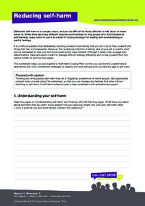 Reducing self-harm  www.studentsagainstdepression.org Deliberate self-harm is a complex issue, and can be difficult for those affected to talk about or make sense of. While there are many different reasons and histories 