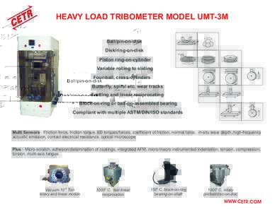 HEAVY LOAD TRIBOMETER MODEL UMT-3M Ball/pin-on-disk Disk/ring-on-disk Piston ring-on-cylinder Variable rolling to sliding Four-ball, cross-cylinders