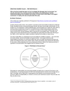 CREATING SHARED VALUE… FOR INDIVIDUALS CSV is the first model that does not try to mitigate the damage done by business, but actually eliminate it by creating positive externalities and establishing a healthy relations