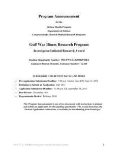 Program Announcement for the Defense Health Program Department of Defense Congressionally Directed Medical Research Programs