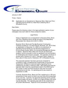 January 2, 2007 Times - Clarion RE: Application for an Amendment to Bozeman Brick, Block and Tile’s Operating Permit[removed]for a New Rock Collecting Site in