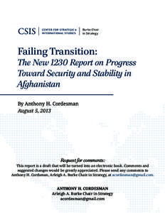 Burke Chair in Strategy Failing Transition: The New 1230 Report on Progress Toward Security and Stability in