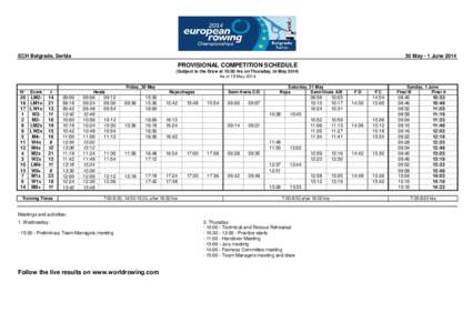 ECH Belgrade, Serbia  30 May - 1 June 2014 PROVISIONAL COMPETITION SCHEDULE (Subject to the Draw at 15:00 hrs on Thursday, 29 May 2014)